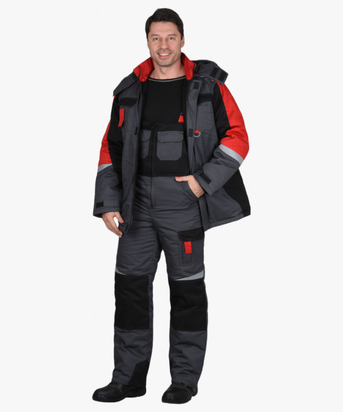 Костюм СИРИУС-ФАВОРИТ-МЕГА куртка, п/к, серый с черным и красным, СОП