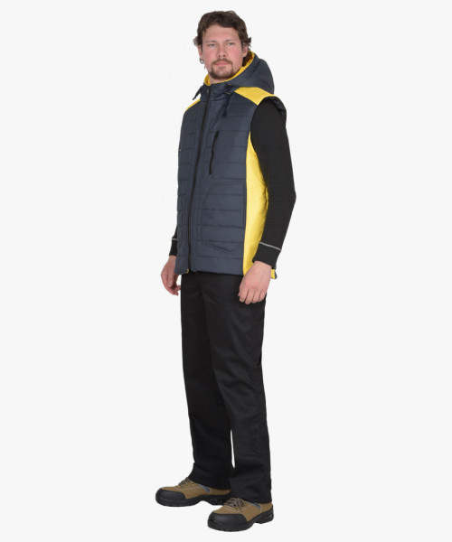 Жилет СИРИУС-УРБАН утеплённый с капюшоном сине-серый с желтым