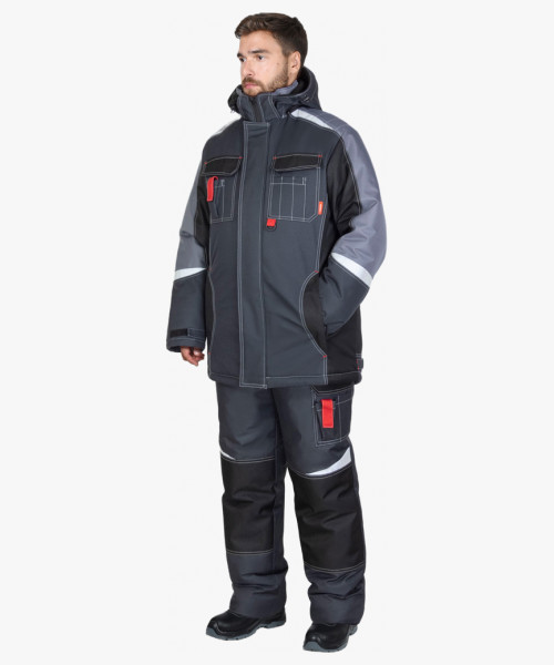 Костюм СИРИУС-ФАВОРИТ-МЕГА-М зимний, куртка дл., п/к, тёмно-серый с черным, средне-серой отд. и СОП