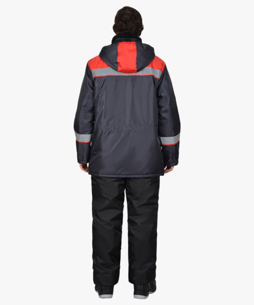 Куртка СИРИУС-БРИГАДИР зимняя мужская с мех. воротником и капюшоном, темно-серая с красным