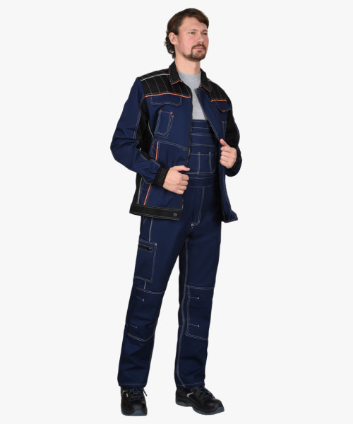 Костюм СИРИУС-ПРЕСТИЖ куртка, п/к, синий с черным и оранжевой отделкой