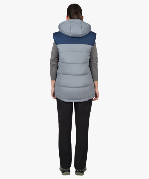 Жилет СИРИУС-ЕВРОНИКА утепленный светло-серый с тёмно-синим с капюшоном с флисовой подкладкой