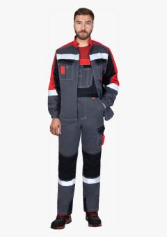 Костюм мужской летний СИРИУС-ФАВОРИТ-МЕГА куртка кор., полукомбинезон, тёмно-серый с красным, черным и СОП