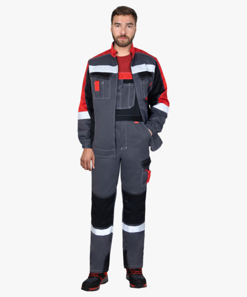 Костюм мужской летний СИРИУС-ФАВОРИТ-МЕГА куртка кор., полукомбинезон, тёмно-серый с красным, черным и СОП