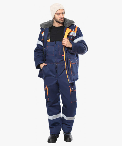 Костюм СИРИУС-ЛИДЕР-М куртка дл., п/к синий с оранжевым, мех. воротник, СОП