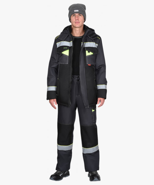 Костюм СИРИУС-ХОВАРД-М зимний, куртка длинная, брюки, темно-серый с черным, лимонной отделкой и СОП