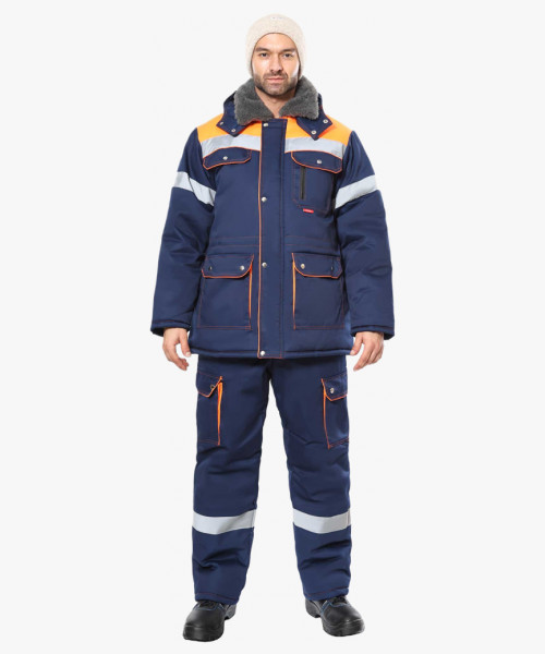 Костюм СИРИУС-ЛИДЕР-М куртка дл., п/к синий с оранжевым, мех. воротник, СОП