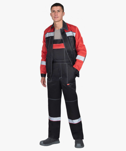 Костюм СИРИУС-ЛИГОР-2 куртка короткая, п/к, черный с красным и СОП