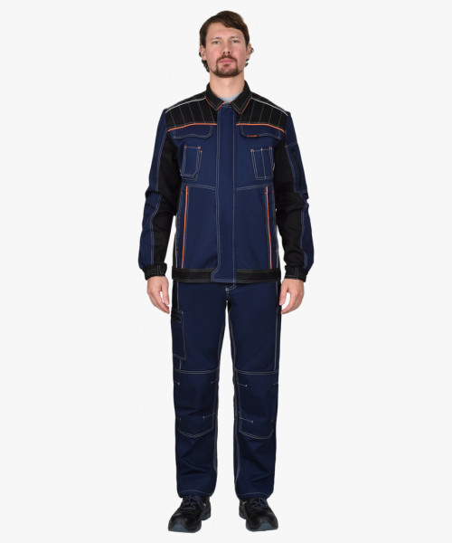 Костюм СИРИУС-ПРЕСТИЖ куртка, п/к, синий с черным и оранжевой отделкой