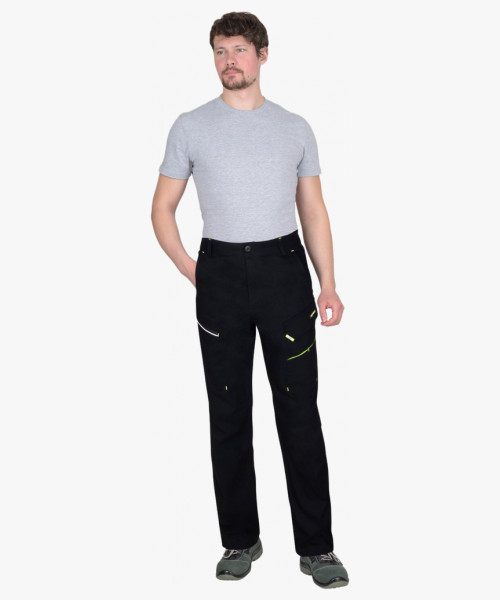 Брюки мужские летние СИРИУС-ДЕКСТЕР черные с лимонной отделкой, тк. стрейч с ВО