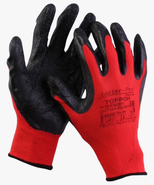 Перчатки нейлоновые с рельефным латексным покрытием, красно-черные
