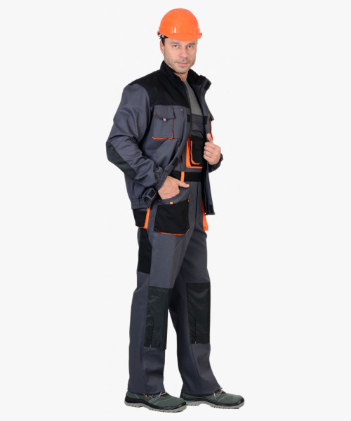 Костюм СИРИУС-МАНХЕТТЕН куртка, п/к т.серый с оранж. и черным тк. стрейч пл. 250 г/кв.м