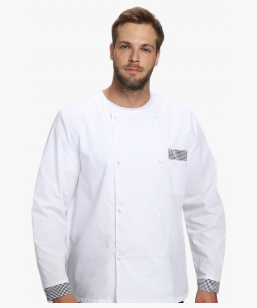 Костюм повара Шеф-2 (тк.ТиСи), белый/черный/принт-клетка