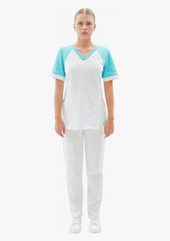 Костюм женский трикотажный Т-536, блуза, брюки, белый с бирюзовым