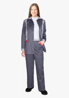 Костюм СИРИУС-ЗОЛУШКА женский, куртка, брюки, темно-серый со светло-серым и красной отделкой