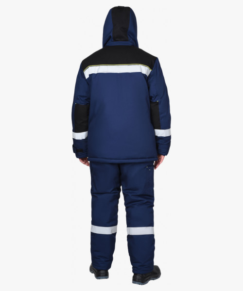 Костюм СИРИУС-БОСТОН-РОСС зимний, куртка длинная, п/к, синий с васильковым, чёрной отделкой и СОП