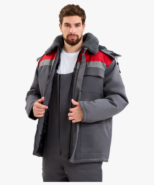 Костюм мужской зимний Квайл-2 СОП  (тк.Смесовая,210) полукомбинезон, т.серый/красный