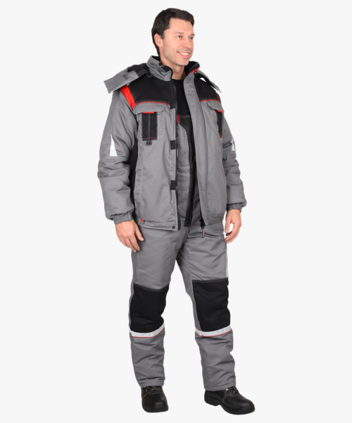 Костюм СИРИУС-СТАН куртка, п/к, серый с черной и красной отделкой
