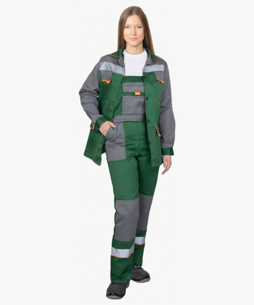 Костюм СИРИУС-УДАРНИЦА женский, куртка, п/к, зеленый со средне-серым с оранжевой отделкой и СОП