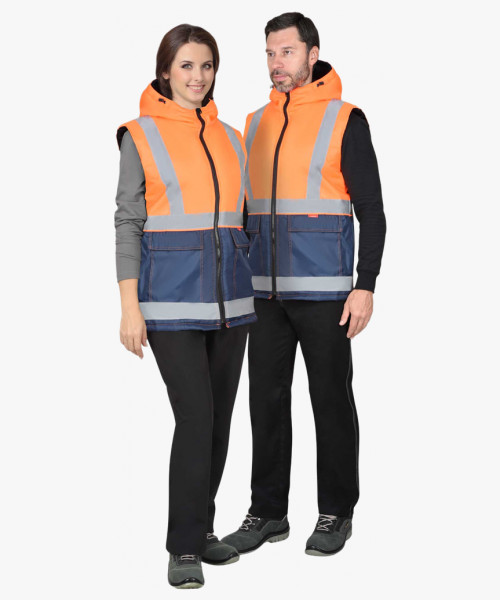 Жилет СИРИУС-ТЕРМИНАЛ с капюшоном темно-синий с оранжевым