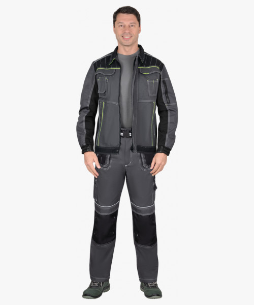 Костюм СИРИУС-ПРЕСТИЖ-Л куртка, брюки, темно-серый с черным и лимонным кантом