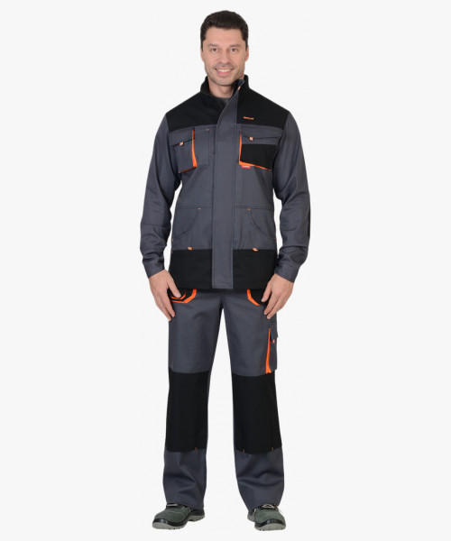 Костюм СИРИУС-МАНХЕТТЕН куртка дл., п/к т.серый с оранж. и черным тк. стрейч пл. 250 г/кв.м