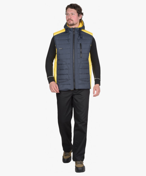 Жилет СИРИУС-УРБАН утеплённый с капюшоном сине-серый с желтым