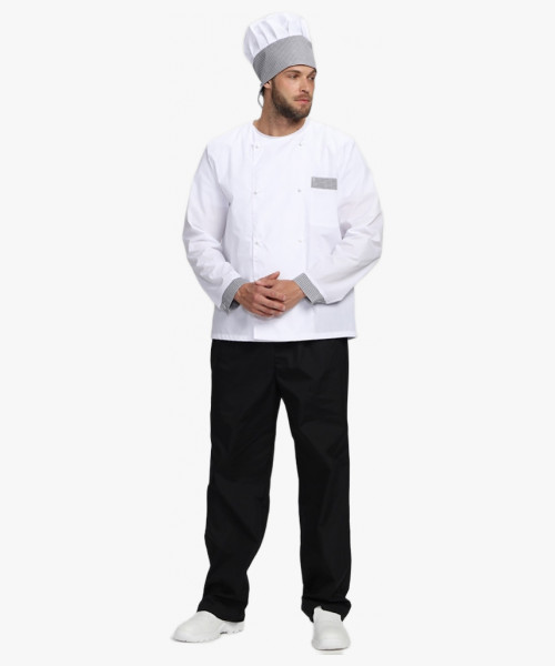 Костюм повара Шеф-2 (тк.ТиСи), белый/черный/принт-клетка