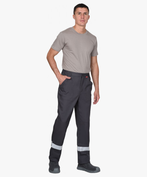 Костюм СИРИУС-ПАРИТЕТ куртка удлиненная, брюки, темно-серый со средне-серым, красным и СОП