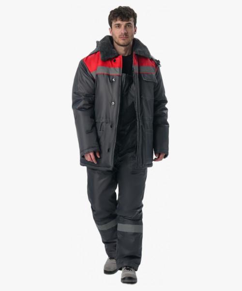 Костюм зимний Труженик-Ультра-2 (тк.Оксфорд) п/к, т.серый/красный