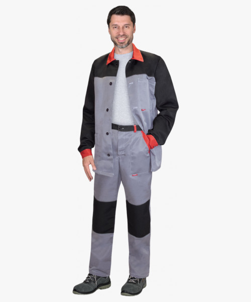 Костюм СИРИУС-АСПЕКТ куртка длин., брюки, средне-серый с черным и красной отделкой