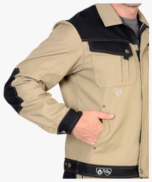 Костюм летний СИРИУС-ВЕСТ-ВОРК куртка кор., п/к бежевый с черным пл. 275 г/кв.м