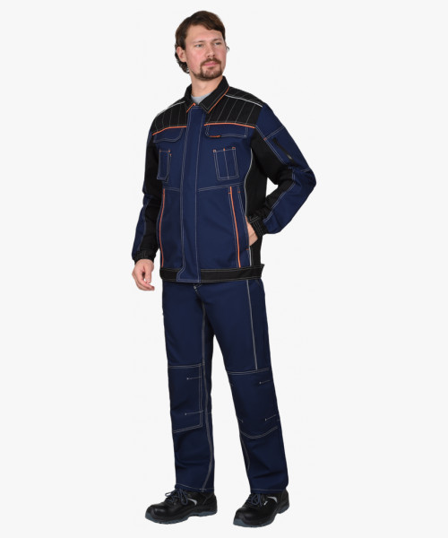 Костюм СИРИУС-ПРЕСТИЖ куртка, п/к, синий с черным и оранжевой отделкой