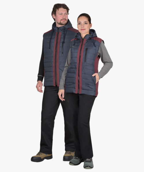 Жилет СИРИУС-УРБАН утеплённый с капюшоном сине-серый с бордовым