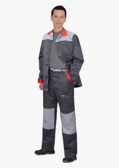 Костюм СИРИУС-АСПЕКТ куртка длин., брюки, темно-серый со светло-серым и красной отделкой