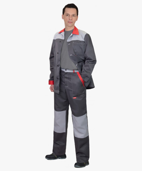 Костюм СИРИУС-АСПЕКТ куртка длин., брюки, темно-серый со светло-серым и красной отделкой
