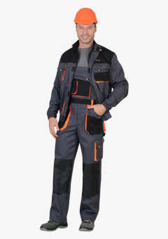 Костюм СИРИУС-МАНХЕТТЕН куртка, п/к т.серый с оранж. и черным тк. стрейч пл. 250 г/кв.м