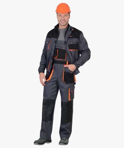 Костюм СИРИУС-МАНХЕТТЕН куртка, п/к т.серый с оранж. и черным тк. стрейч пл. 250 г/кв.м