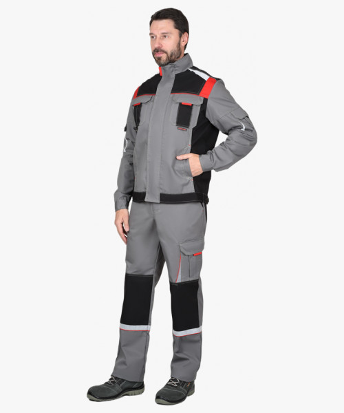 Костюм СИРИУС-СТАН куртка, п/к ср.серый с черной и красной отделкой