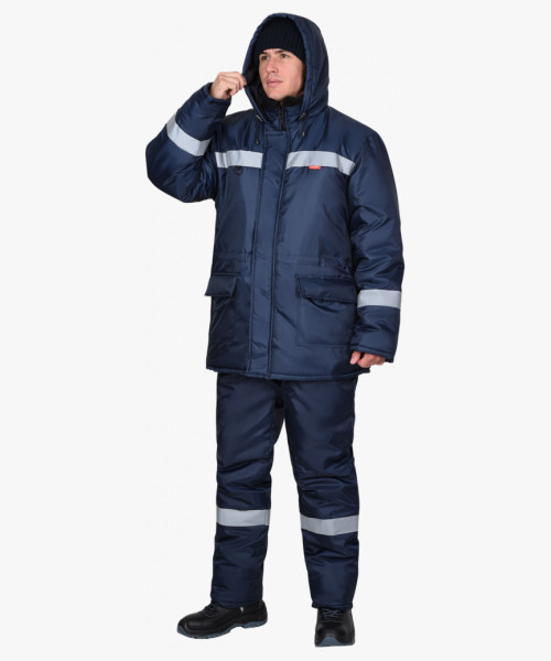 Куртка СИРИУС-БРИГАДИР зимняя, синяя с СОП, мех. ворот, капюшон (утеплитель 600 гр)