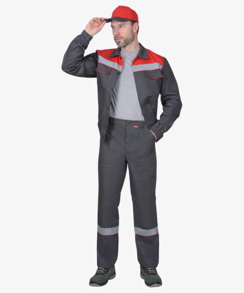 Костюм СИРИУС-МАСТЕР летний, куртка, брюки, тёмно-серый с красной отделкой