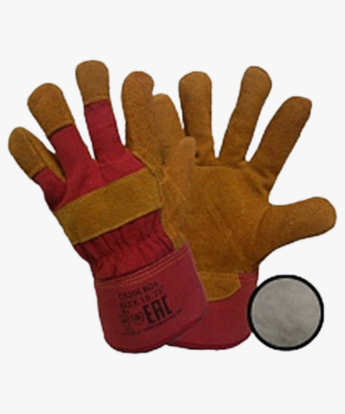 Перчатки спилковые комбинированные утепленные (искусственный мех) желтые с красным