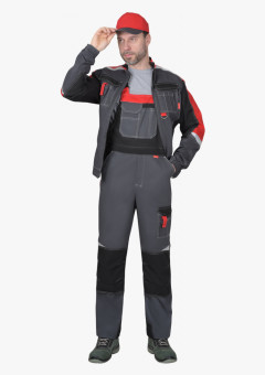 Костюм мужской летний СИРИУС-ФАВОРИТ-МЕГА куртка и полукомбинезон, серый с черным и красным, СОП