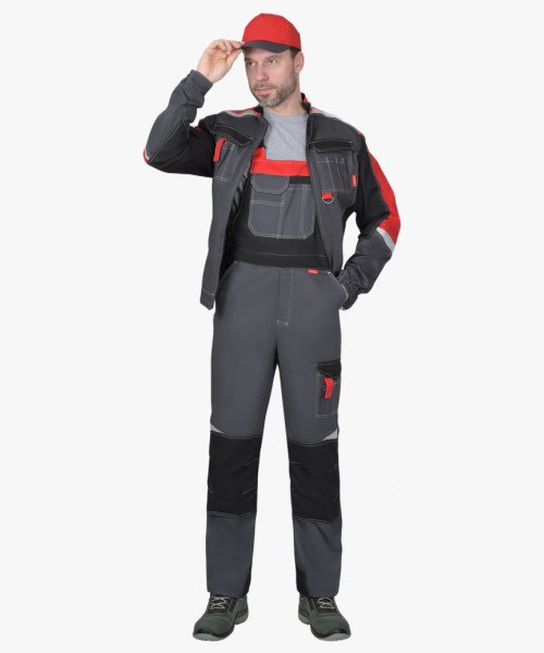 Костюм мужской летний СИРИУС-ФАВОРИТ-МЕГА куртка и полукомбинезон, серый с черным и красным, СОП