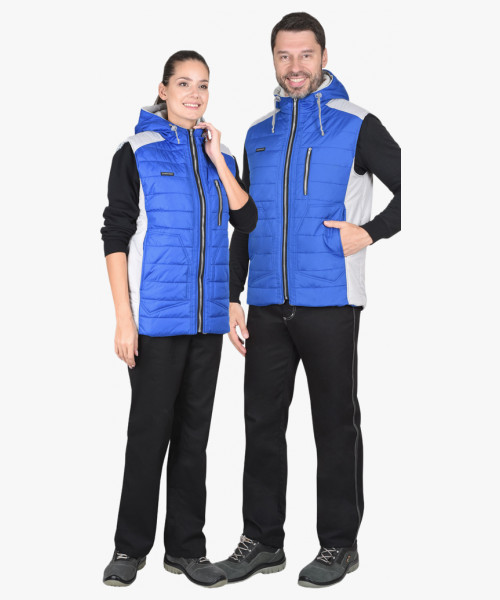 Жилет СИРИУС-УРБАН утеплённый с капюшоном васильковый с жемчужным