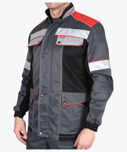 Костюм СИРИУС-ПОЛИНОМ куртка и брюки, т.серый с черным со св.серым и красным, СОП