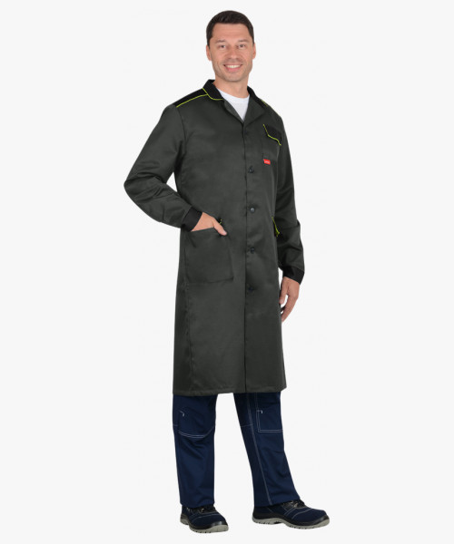 Халат СИРИУС-ТЕХНИК мужской, серый с черным и лимонной отделкой