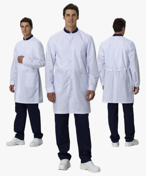 Халат мужской Симпл-001 (тк.Смесовая,120) MedLine, белый/т.синий