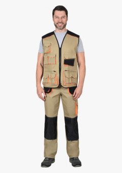 Костюм СИРИУС-МАНХЕТТЕН брюки, жилет песочный с оранж. и черным тк. мех. стрейч пл. 250г/кв.м