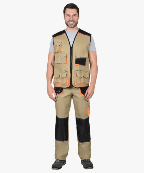 Костюм СИРИУС-МАНХЕТТЕН брюки, жилет песочный с оранж. и черным тк. мех. стрейч пл. 250г/кв.м